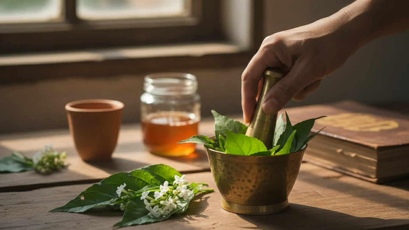 Fresh Vasa Adusa leaves and flowers in a brass mortar — Chakradutta's foundational herb for breathing and asthma.