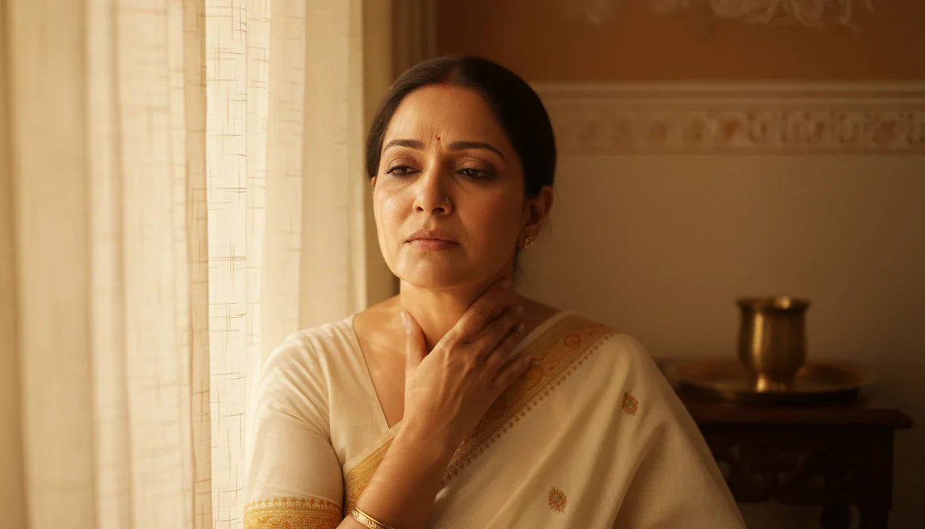 Indian woman holding sore throat near sunlit window depicting svarabheda hoarseness in Ayurveda guide