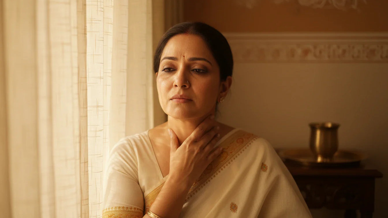Indian woman holding sore throat near sunlit window depicting svarabheda hoarseness in Ayurveda guide