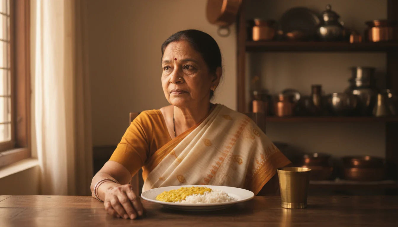 Older Indian woman before an untouched dal-rice plate in soft morning light, contemplative expression.