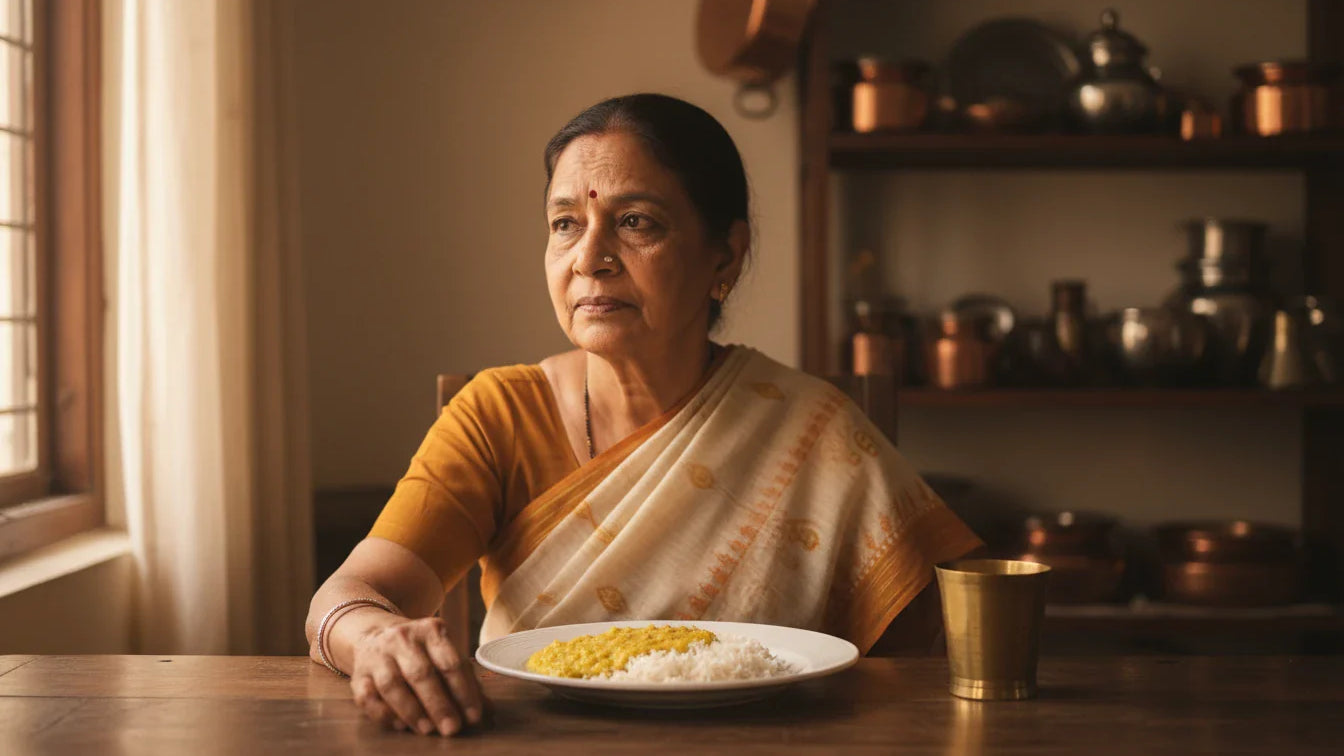 Older Indian woman before an untouched dal-rice plate in soft morning light, contemplative expression.