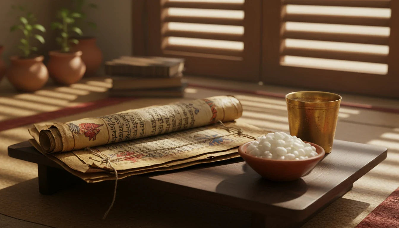 Ancient Ayurvedic palm-leaf manuscript with bowl of parched rice (laja) in sunlit study — classical Chakradutta vomiting remedy