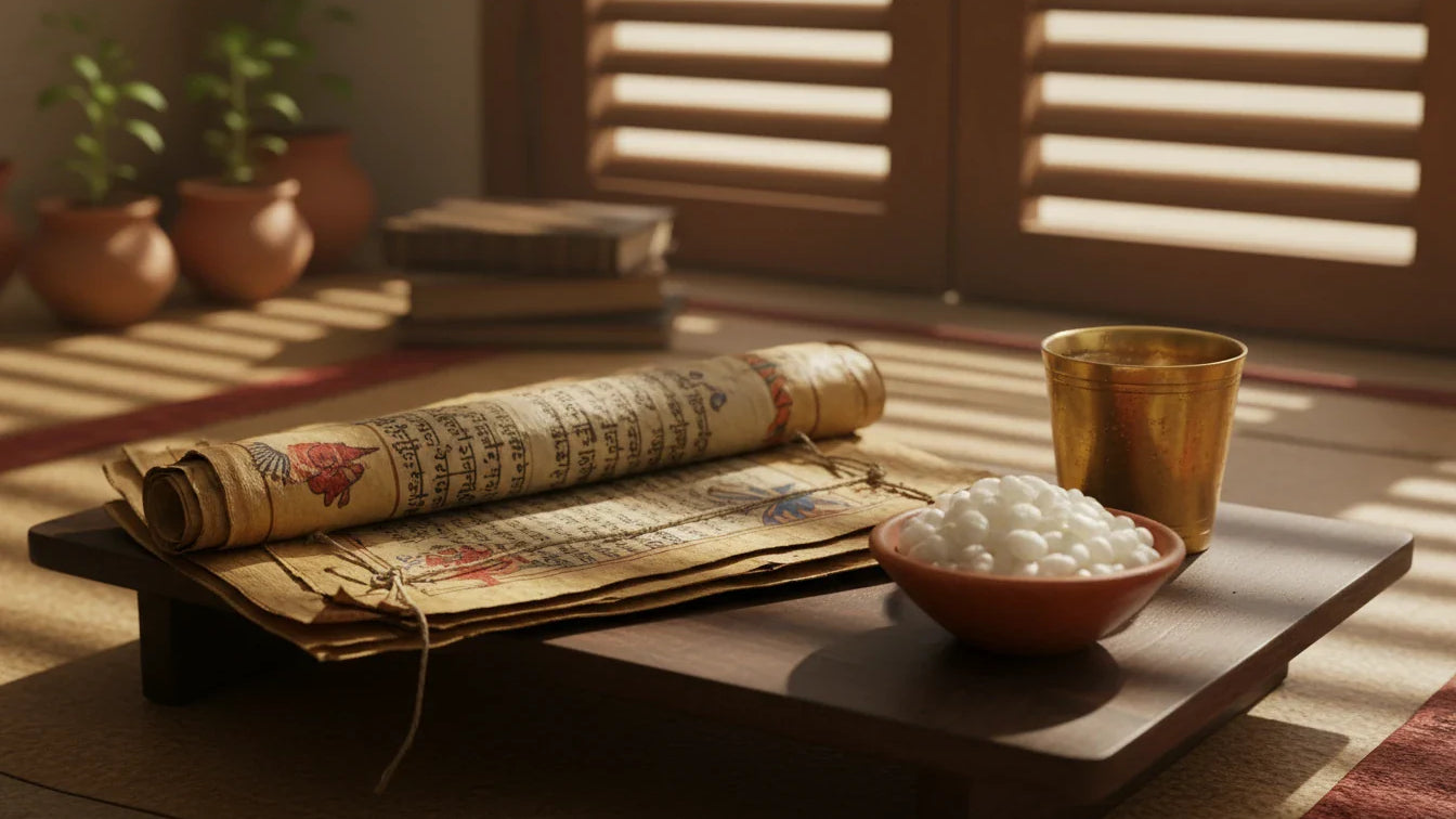 Ancient Ayurvedic palm-leaf manuscript with bowl of parched rice (laja) in sunlit study — classical Chakradutta vomiting remedy