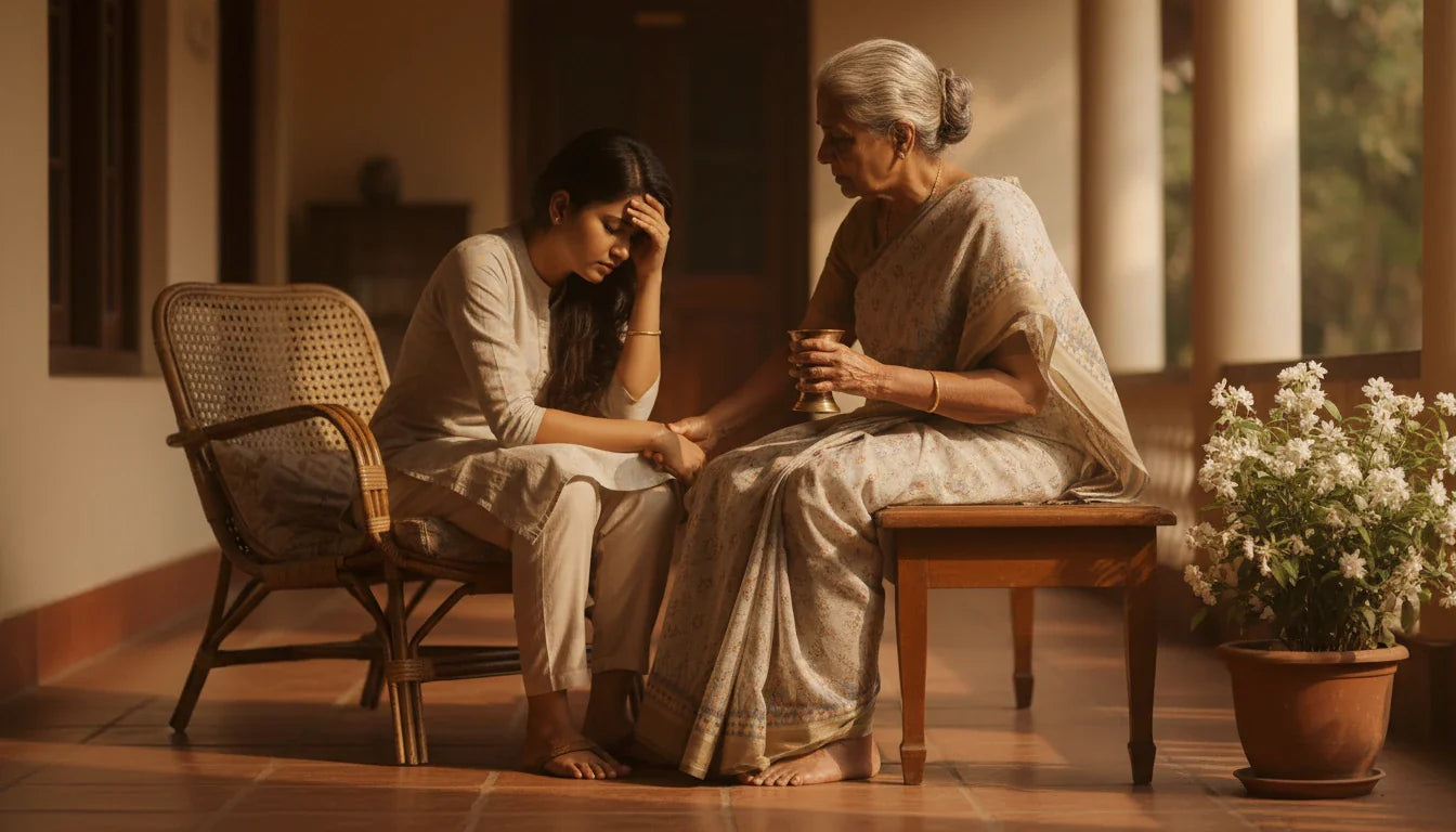 Elderly Indian grandmother gently helping young woman recovering from fainting in sunlit verandah of traditional home