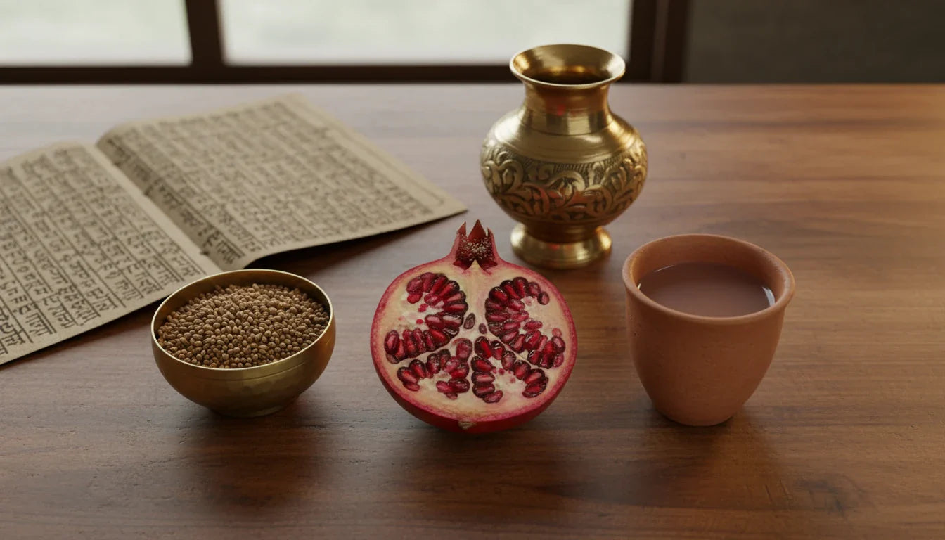 Pomegranate, coriander seeds and brass kalash on dark wood — Chakradutta hangover remedies flatlay