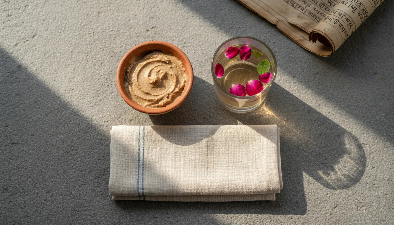 Ayurvedic cooling remedies for sharir mein jalan — sandalwood paste, khus water and rose petals on a stone surface
