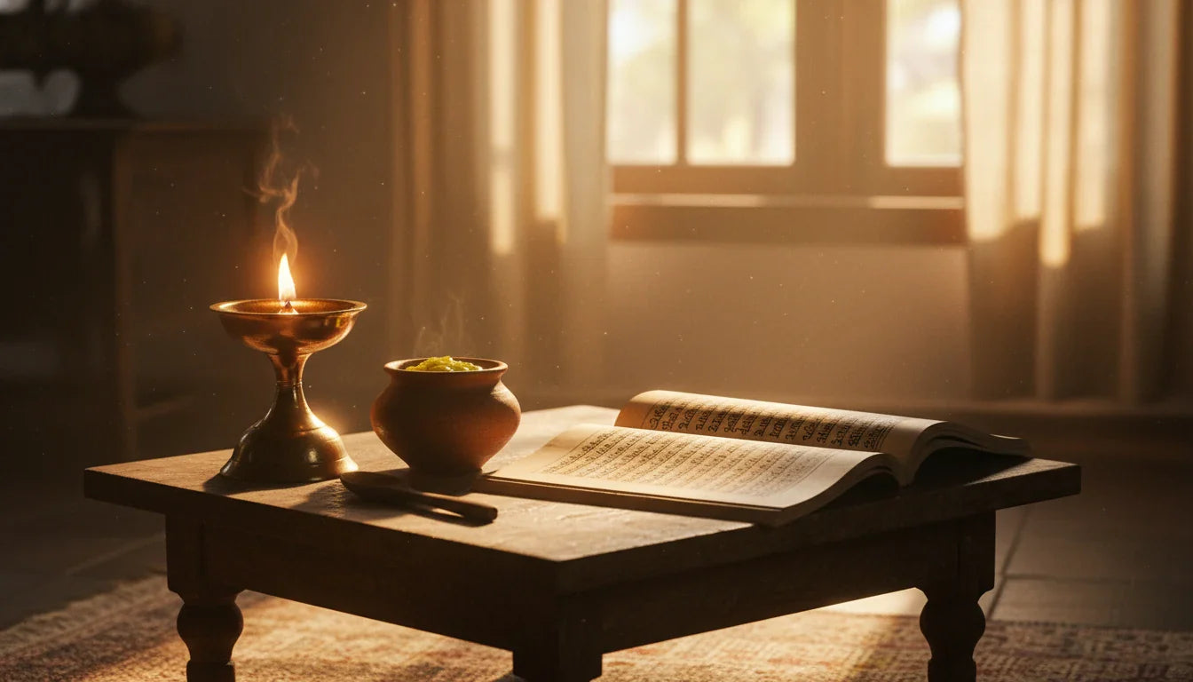 Palm-leaf manuscript with brass lamp and earthen pot of medicated ghee in traditional Indian reading room — Chakradutta wisdom