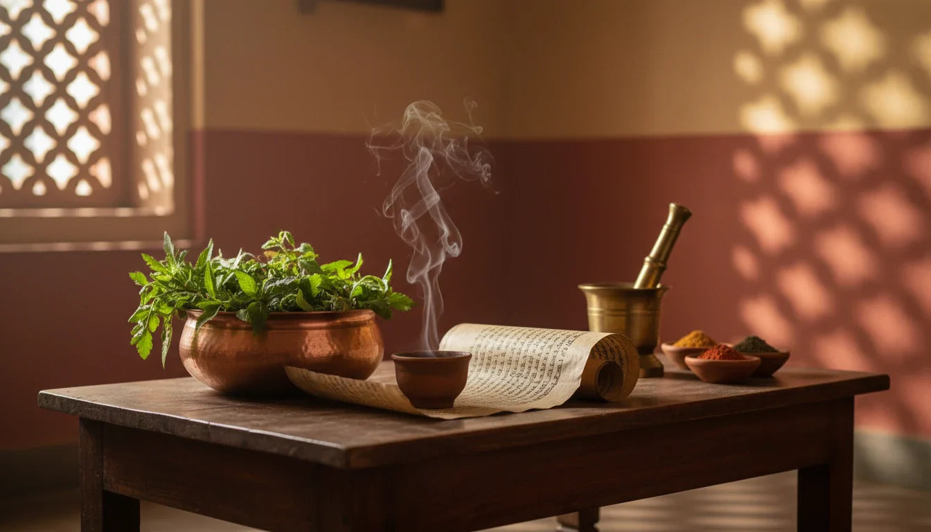 Ayurvedic vaidya's room with copper pot, brass mortar, and palm-leaf manuscript for apasmara mirgi treatment