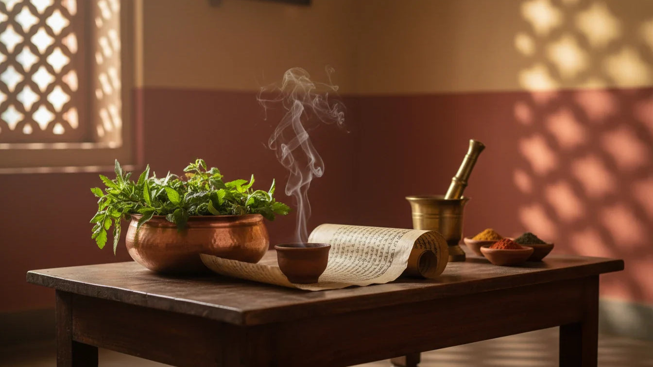 Ayurvedic vaidya's room with copper pot, brass mortar, and palm-leaf manuscript for apasmara mirgi treatment