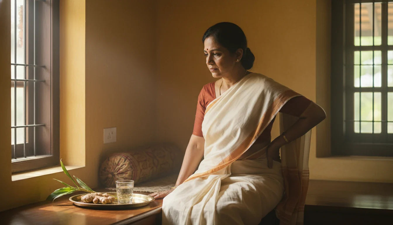 Indian woman easing vata back stiffness in a traditional Kerala home, warm morning light