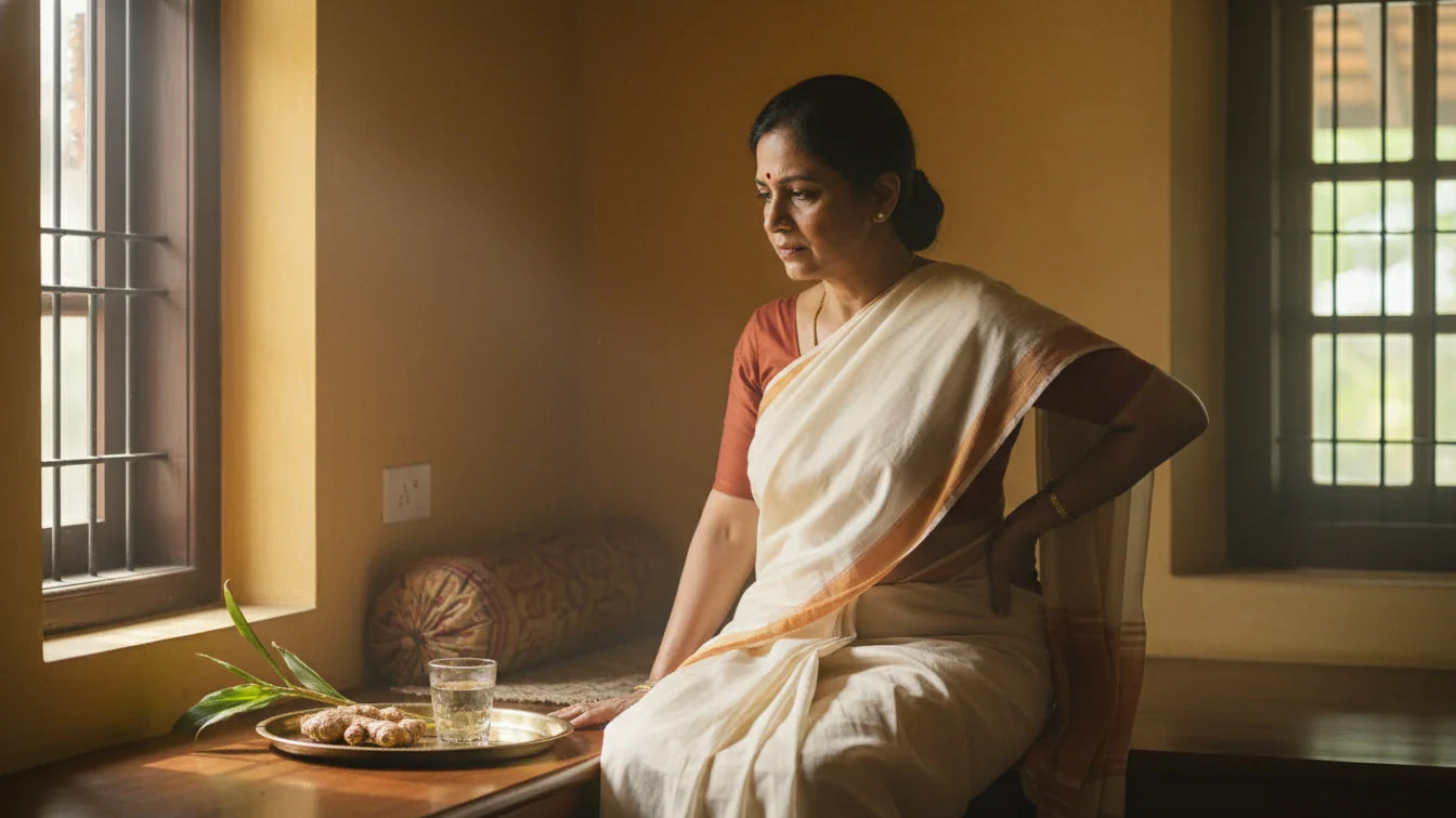 Indian woman easing vata back stiffness in a traditional Kerala home, warm morning light