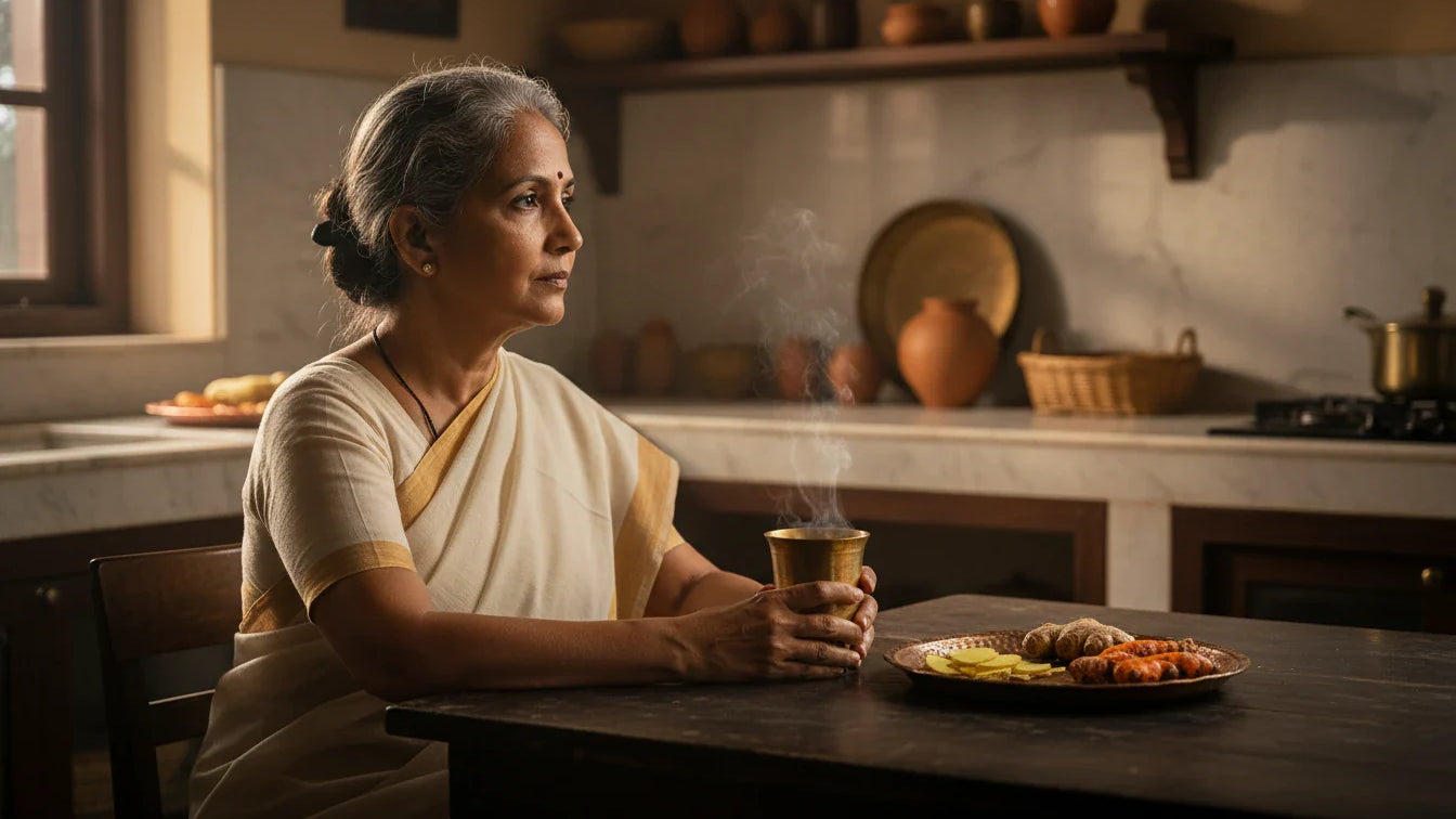 Indian woman with swollen knuckles holding warm water tumbler, showing early signs of aamavata or rheumatoid arthritis in the morning