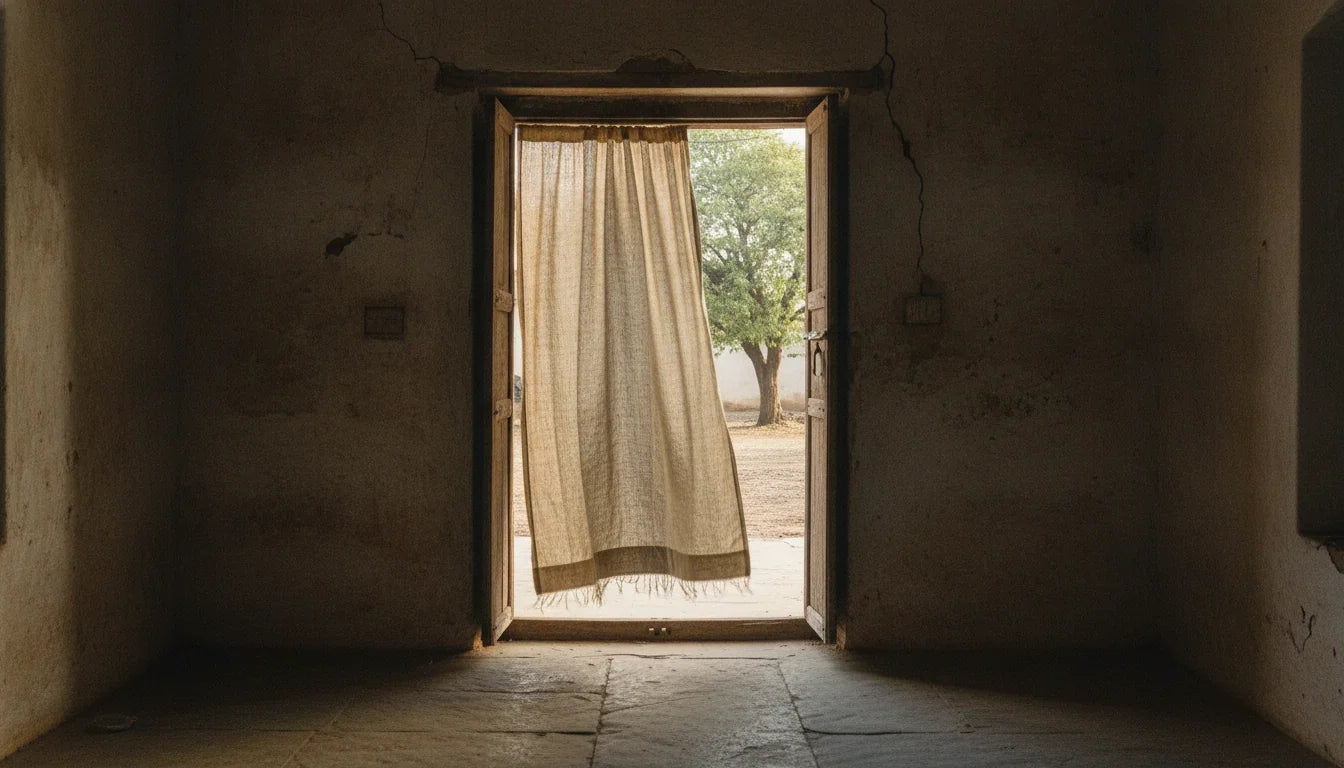 Charaka Chikitsa Sthana 28, vatavyadhi: a handloom curtain stirring in the open doorway of a lime-washed village room