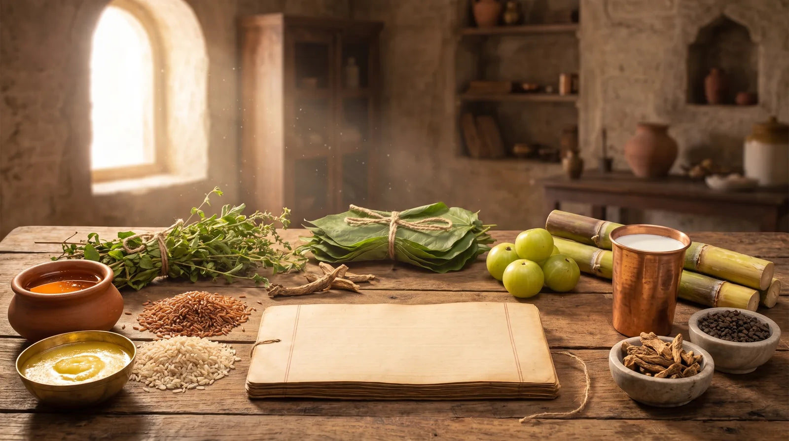 Ayurvedic apothecary table with ghee, honey, grains, herbs, amla and a palm-leaf manuscript, Charaka Samhita Chapter 25