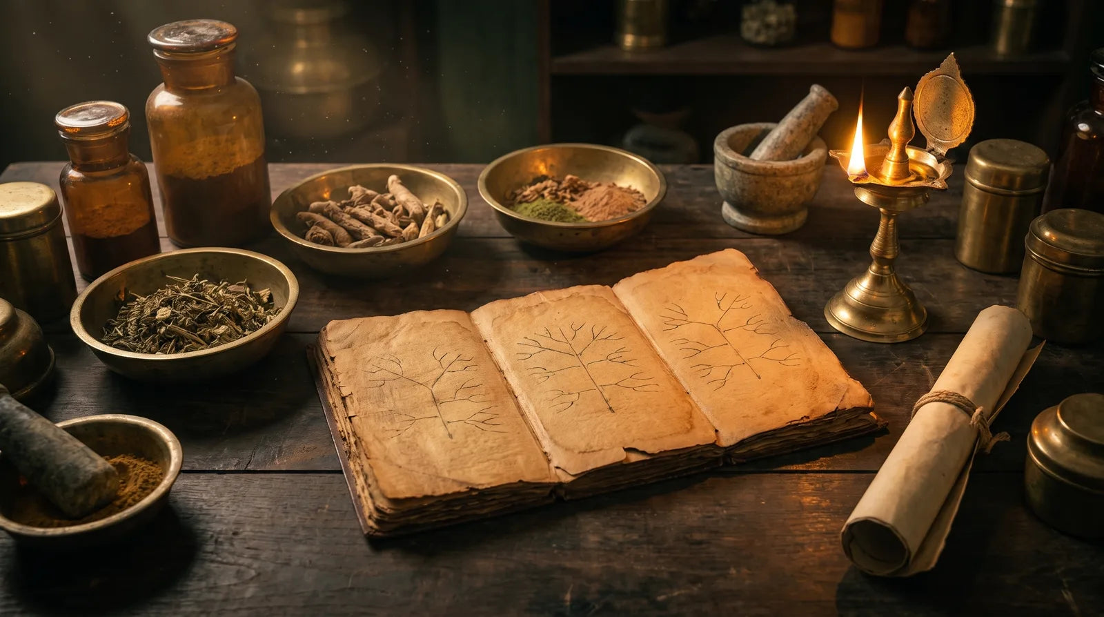 Ancient Ayurvedic palm-leaf manuscript with herbs sorted into three brass bowls, evoking dosha-wise disease classification