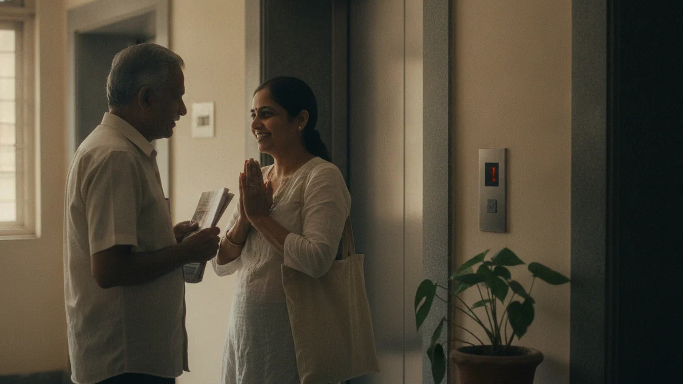 A woman greets an older neighbour first with a namaste by the lift: Charaka's rule of speaking first