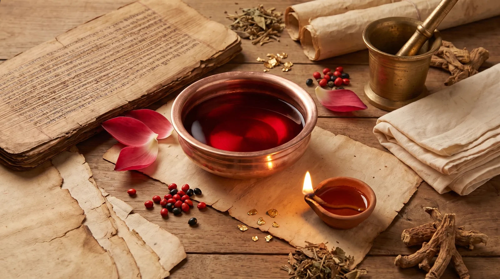 Ancient Ayurvedic apothecary scene with red lotus, copper bowl and herbs evoking healthy blood in the Charaka Samhita