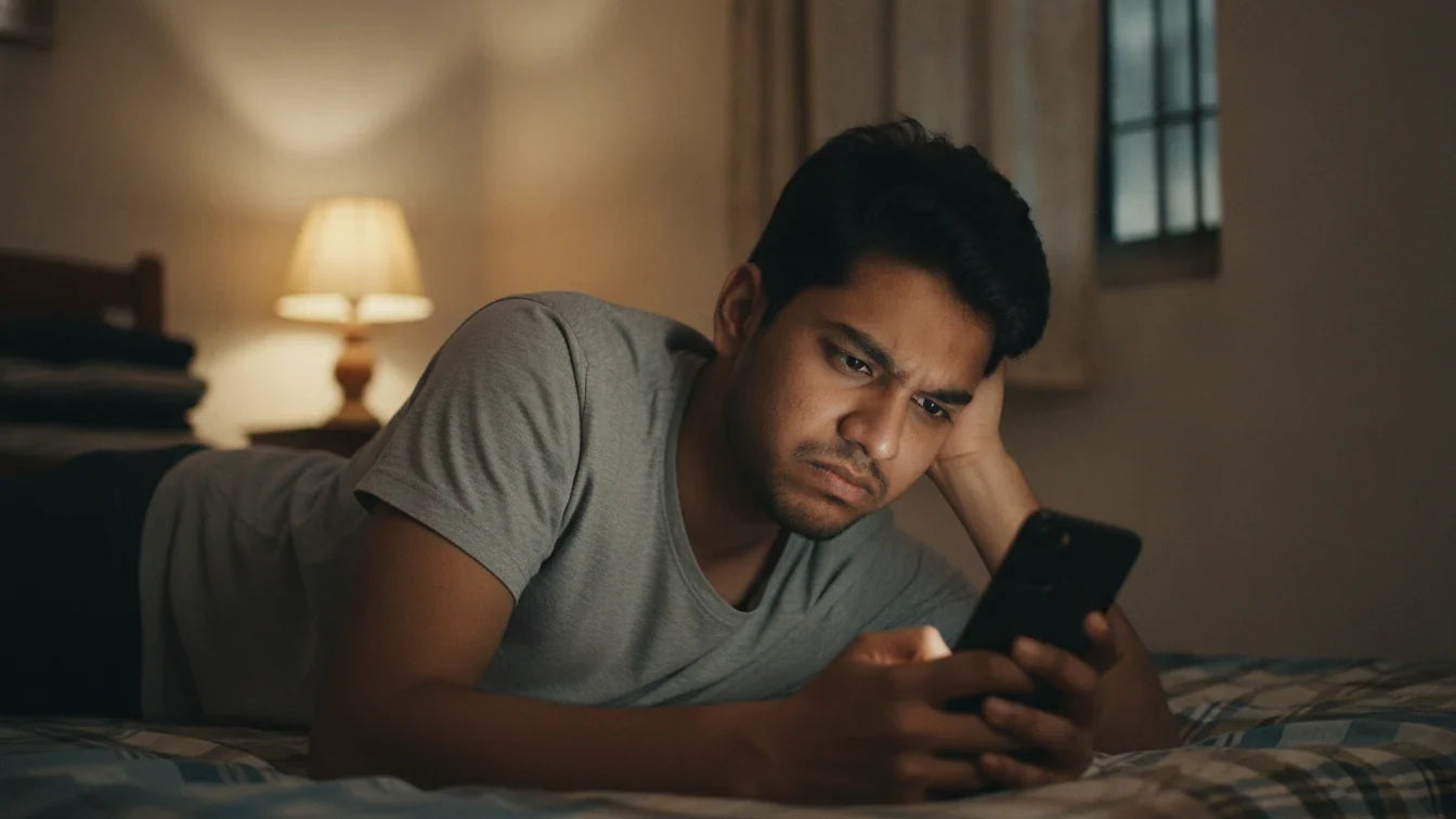 A young man scrolling his phone in bed at night with an envious frown: the habit Charaka's line on envy is about