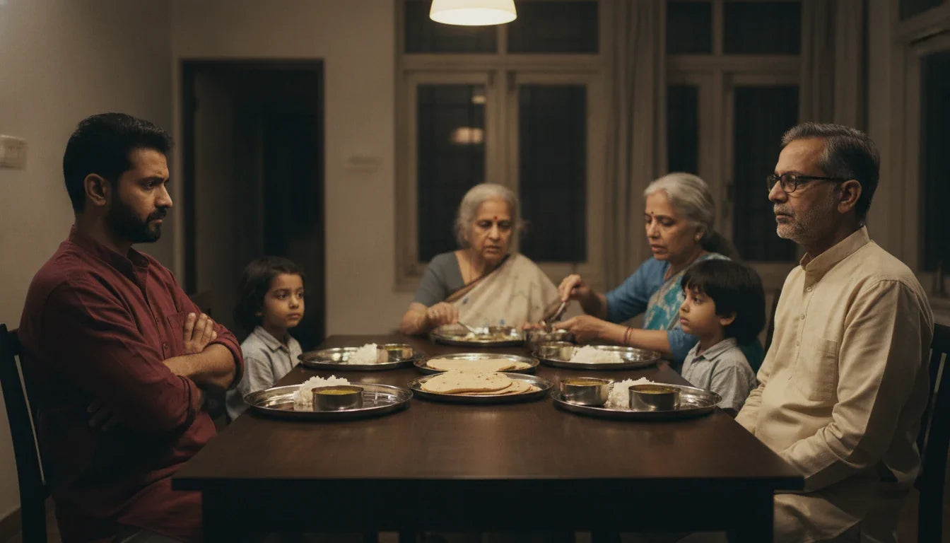 Two brothers at a family dinner, turned away from each other: the kind of grudge Charaka's word kshamavan is about