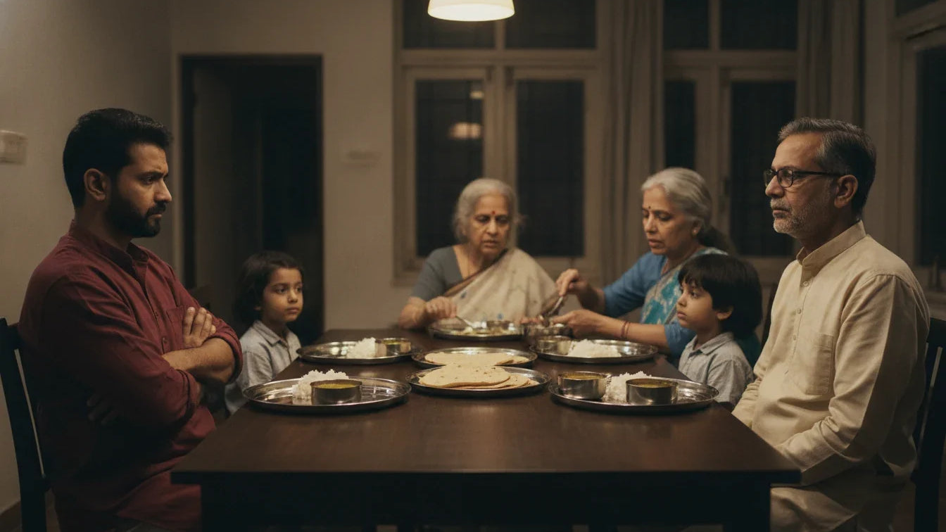 Two brothers at a family dinner, turned away from each other: the kind of grudge Charaka's word kshamavan is about