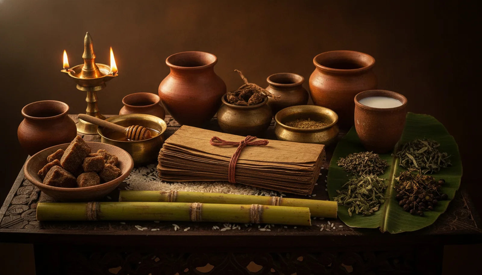 Ancient Indian apothecary table with palm-leaf manuscripts, honey, jaggery, sugarcane and milk — Charaka Prameha Nidana