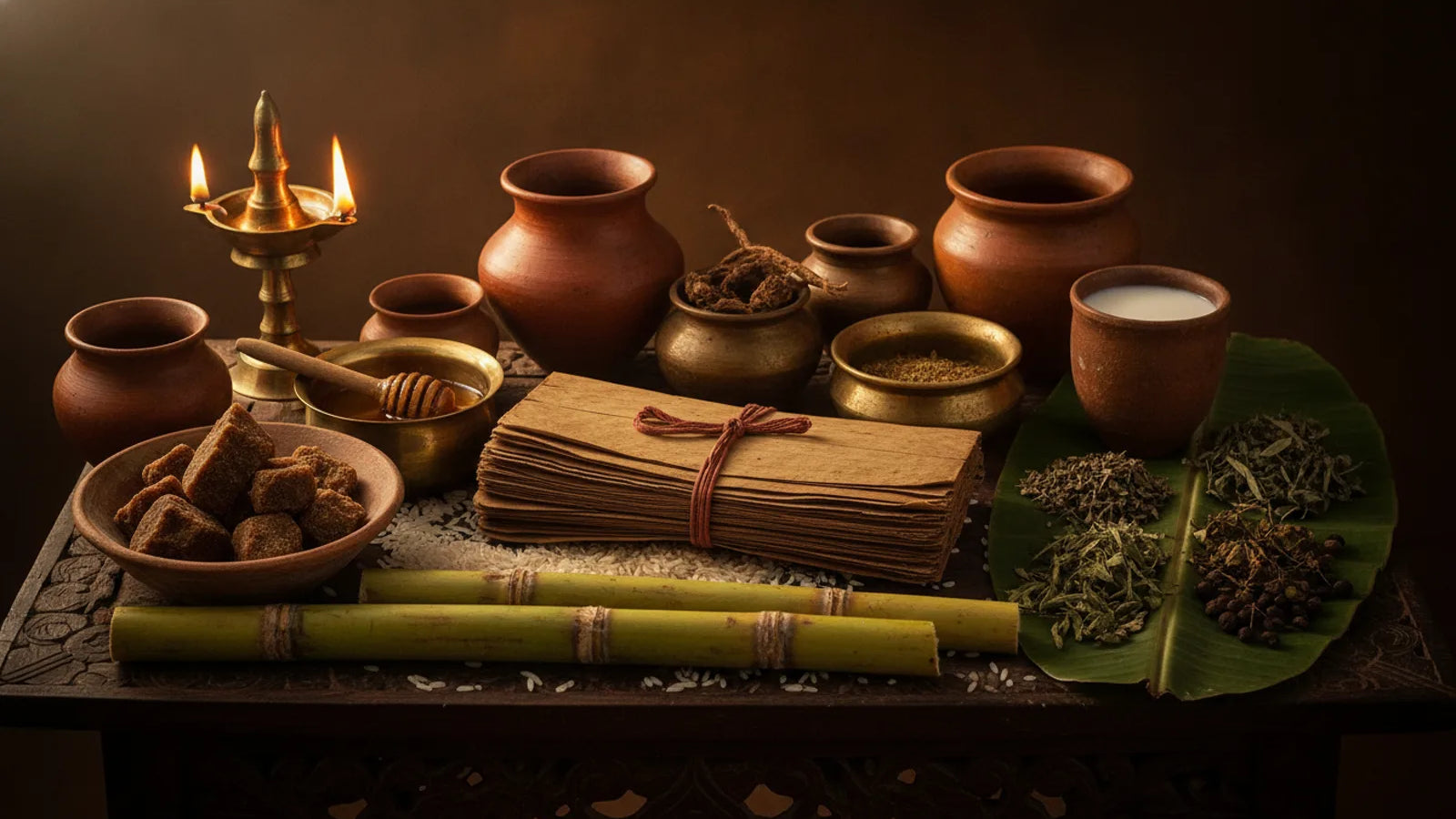 Ancient Indian apothecary table with palm-leaf manuscripts, honey, jaggery, sugarcane and milk — Charaka Prameha Nidana