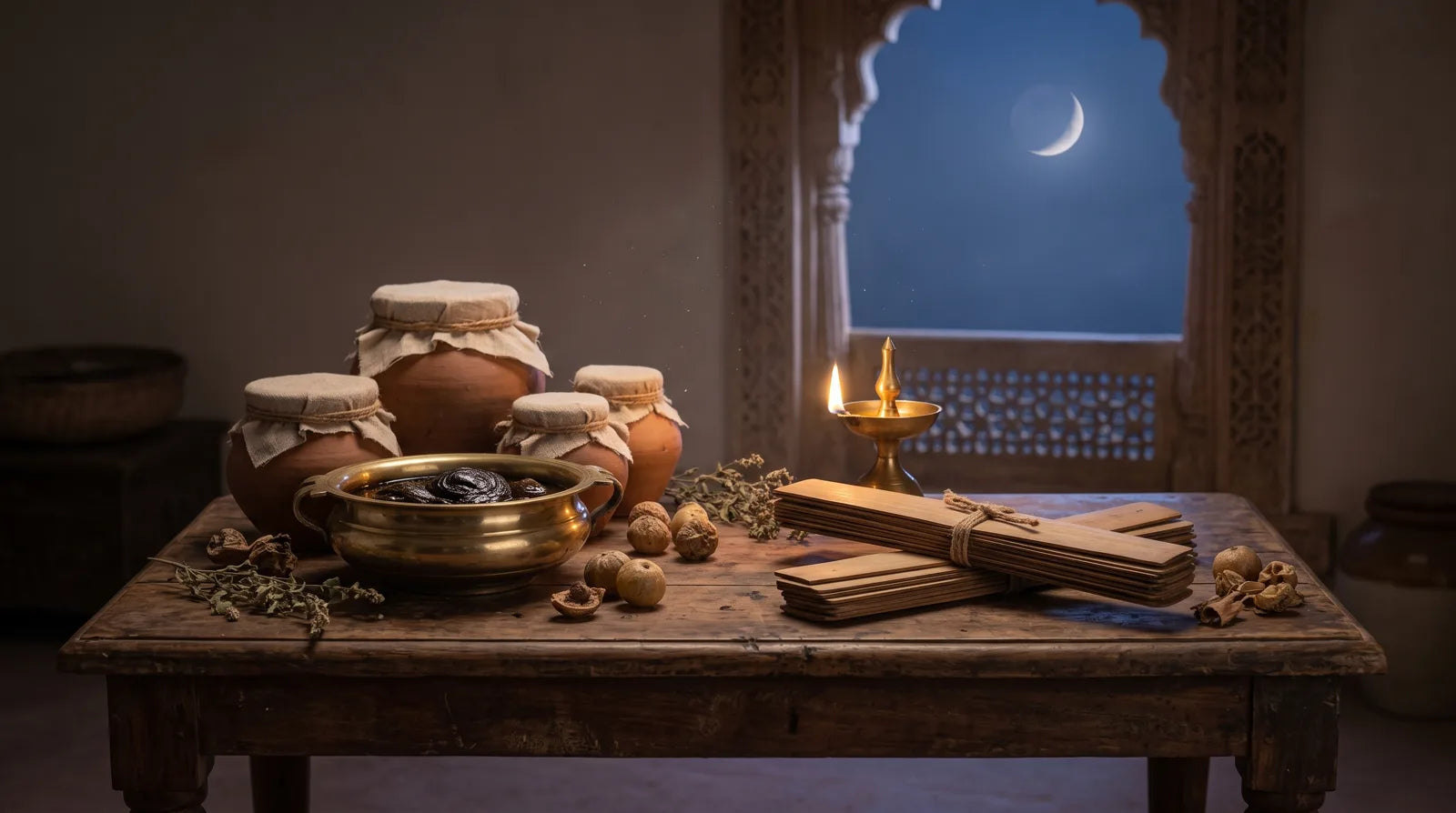 Ancient Ayurvedic apothecary with clay pots, amla and crescent moon — Charaka Samhita Nidana Sthana 6 Shosha Nidana