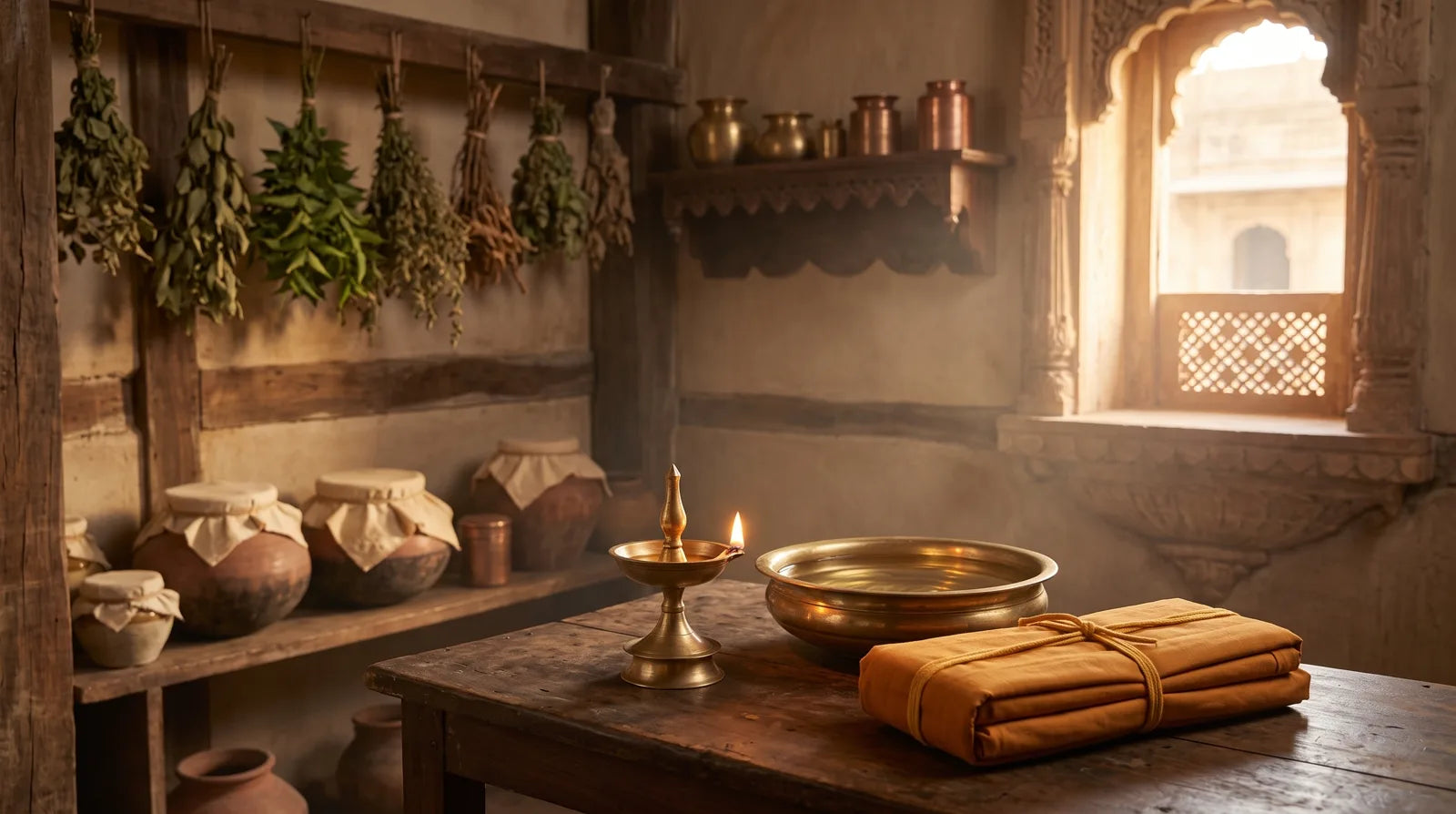 Ancient Indian apothecary at dawn — brass diya, still water bowl, cloth-wrapped pothi; Unmada Nidana, Charaka Samhita