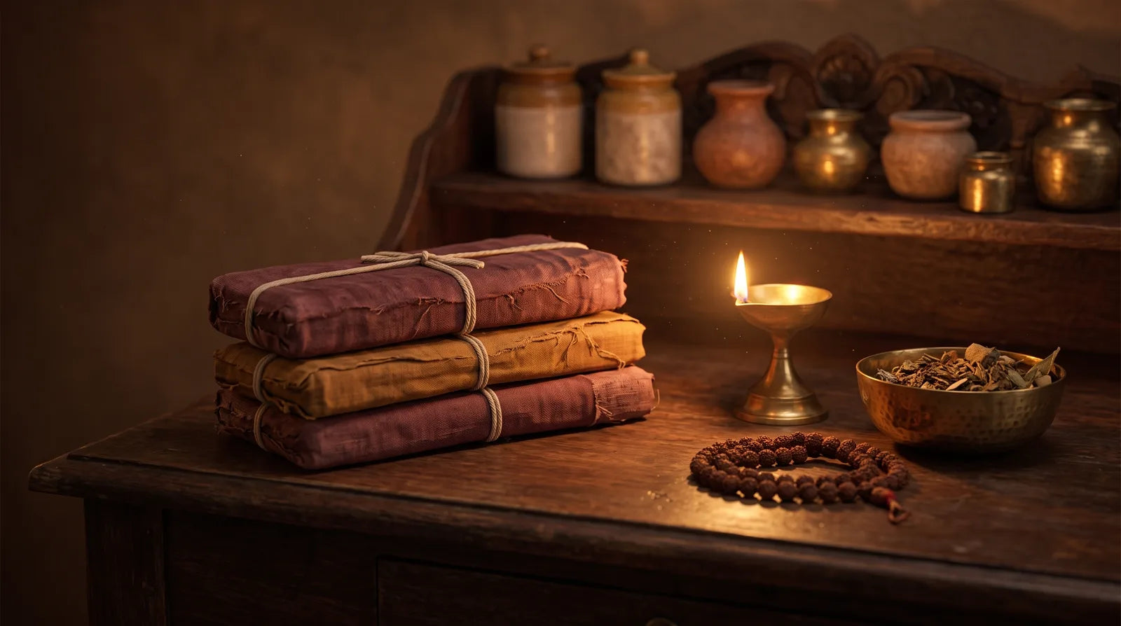 Cloth-wrapped pothi manuscripts and brass diya — Charaka Samhita Nidana Sthana Chapter 8, Apasmara Nidana