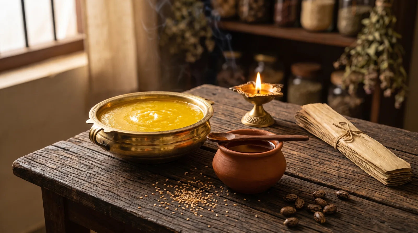 Brass bowl of golden ghee, terracotta oil pot, sesame and castor seeds and a palm-leaf bundle in an Ayurvedic apothecary