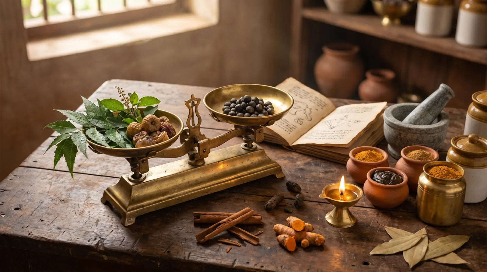 Brass balance scale weighing herbs and herbal pills in an ancient Ayurvedic apothecary, Charaka Samhita Chapter 10