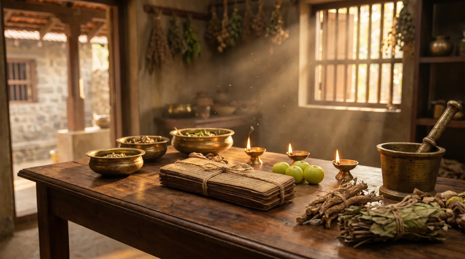 Aged palm-leaf Charaka Samhita manuscript with brass lamps, bowls and amla fruit in an ancient Ayurvedic apothecary