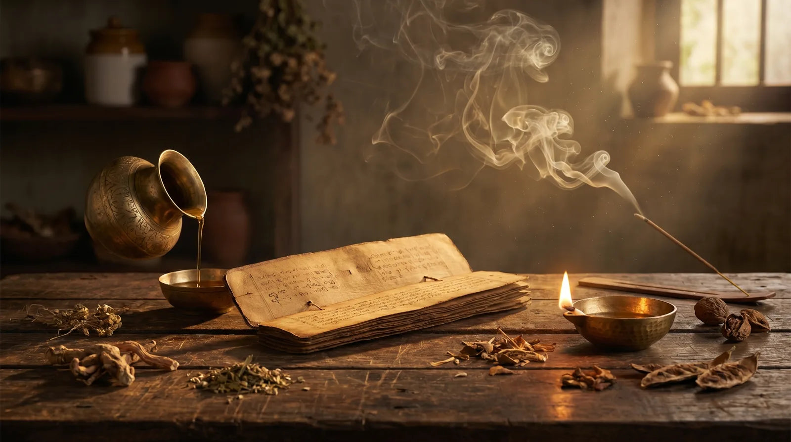 Ancient Ayurvedic manuscript with brass vessel pouring oil and rising incense smoke, evoking Vata, the wind dosha