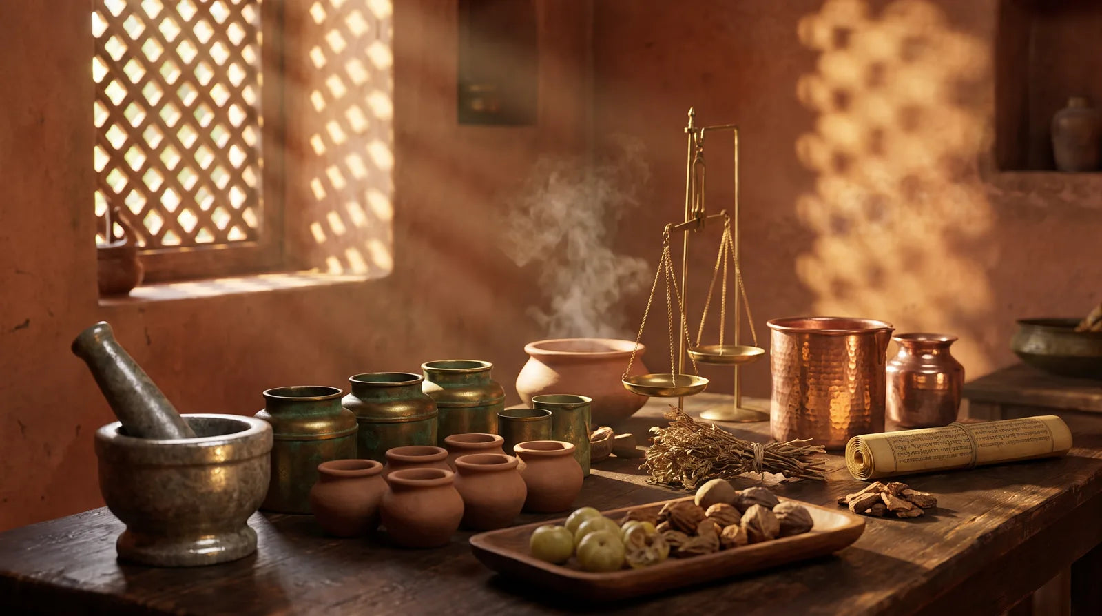 Ancient Ayurvedic apothecary: mortar and pestle, brass scales, clay pots and herbs (Charaka Samhita Sutrasthana 15)