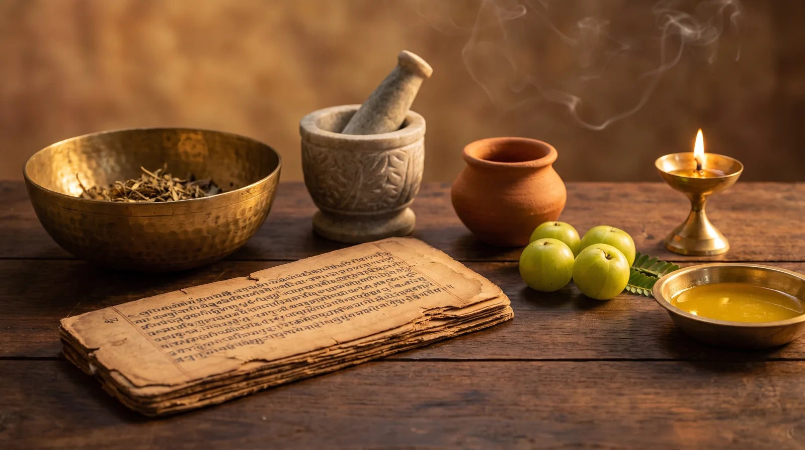 Ancient Ayurvedic apothecary: palm-leaf Charaka manuscript, brass herb bowl, stone mortar, amla and ghee on aged wood