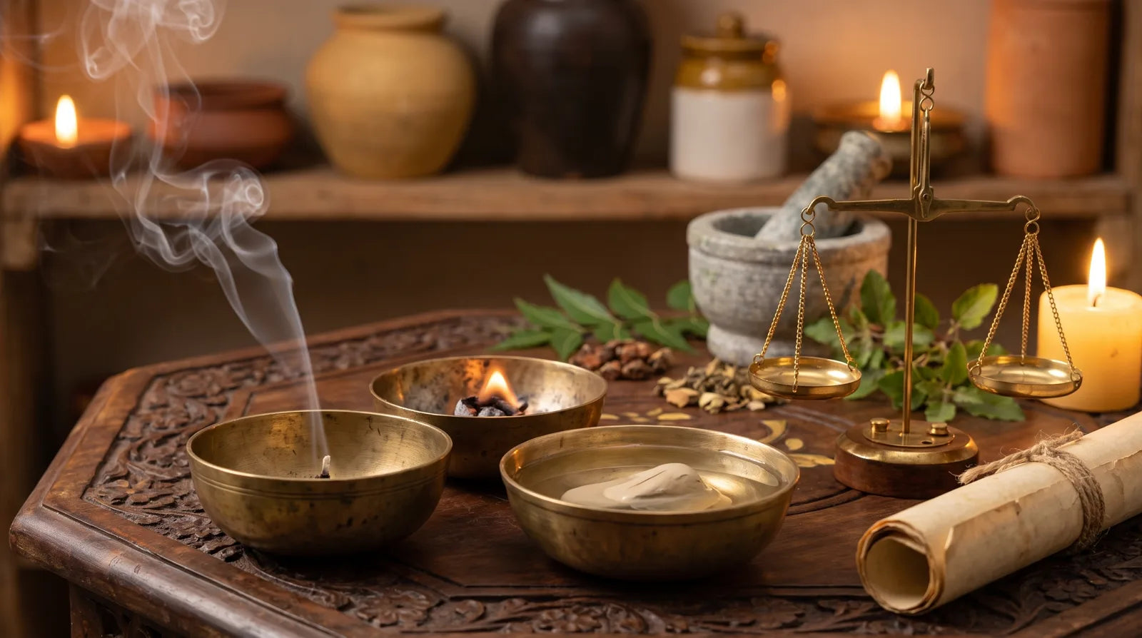Three brass bowls and a balance scale in an ancient Ayurvedic apothecary, symbolising Vata, Pitta and Kapha in balance