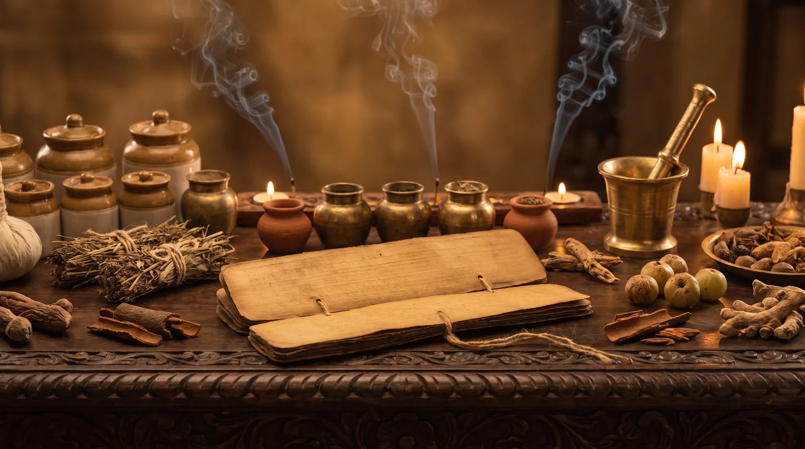 Ancient Ayurvedic palm-leaf manuscript and apothecary herbs, Charaka Samhita Sutrasthana Chapter 19