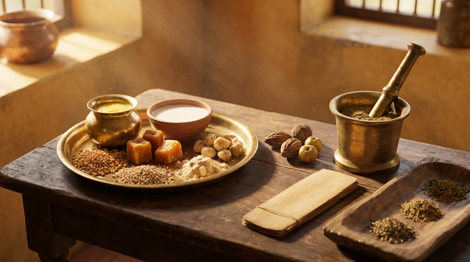 Ancient Ayurvedic apothecary with rich foods, triphala herbs and a palm-leaf manuscript, Charaka Samhita Chapter 23