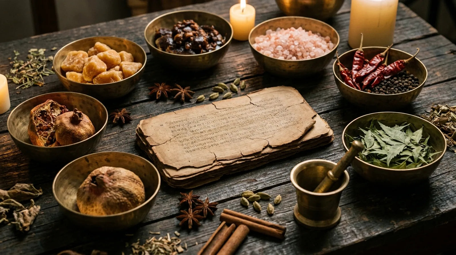 Ancient Ayurvedic apothecary table with palm-leaf manuscript, brass bowls of the six tastes and whole spices