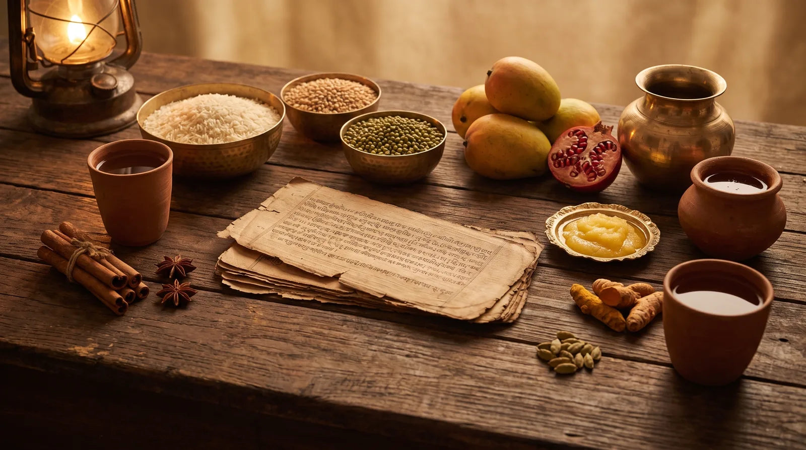 Ancient Ayurvedic manuscript with grains, fruit, ghee and a brass water vessel, Charaka Samhita Chapter 27 on food and drink