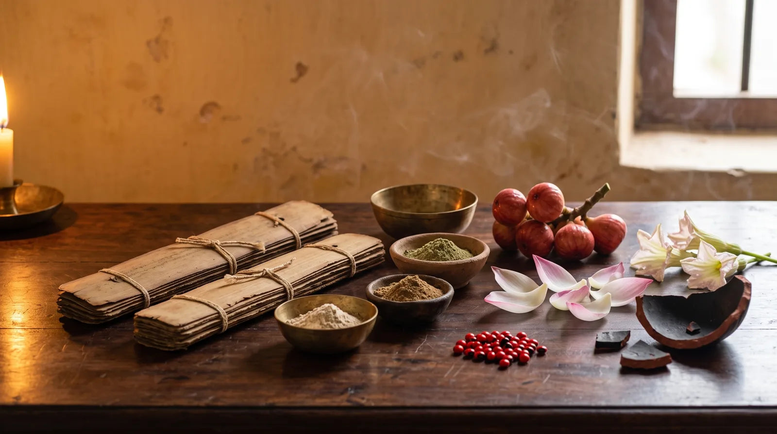 Ancient Indian physician's desk with cluster figs, lotus petals, gourd flowers and gunja seeds — Charaka's seven kushthas