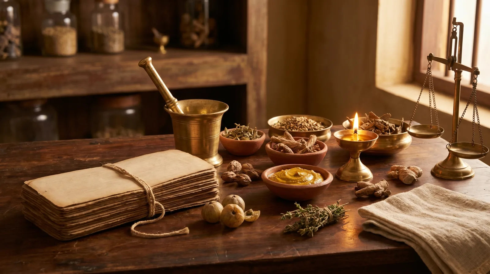 Ancient Ayurvedic apothecary table: palm-leaf manuscript, brass mortar, herbs and oil lamp, Charaka Samhita Chapter 9