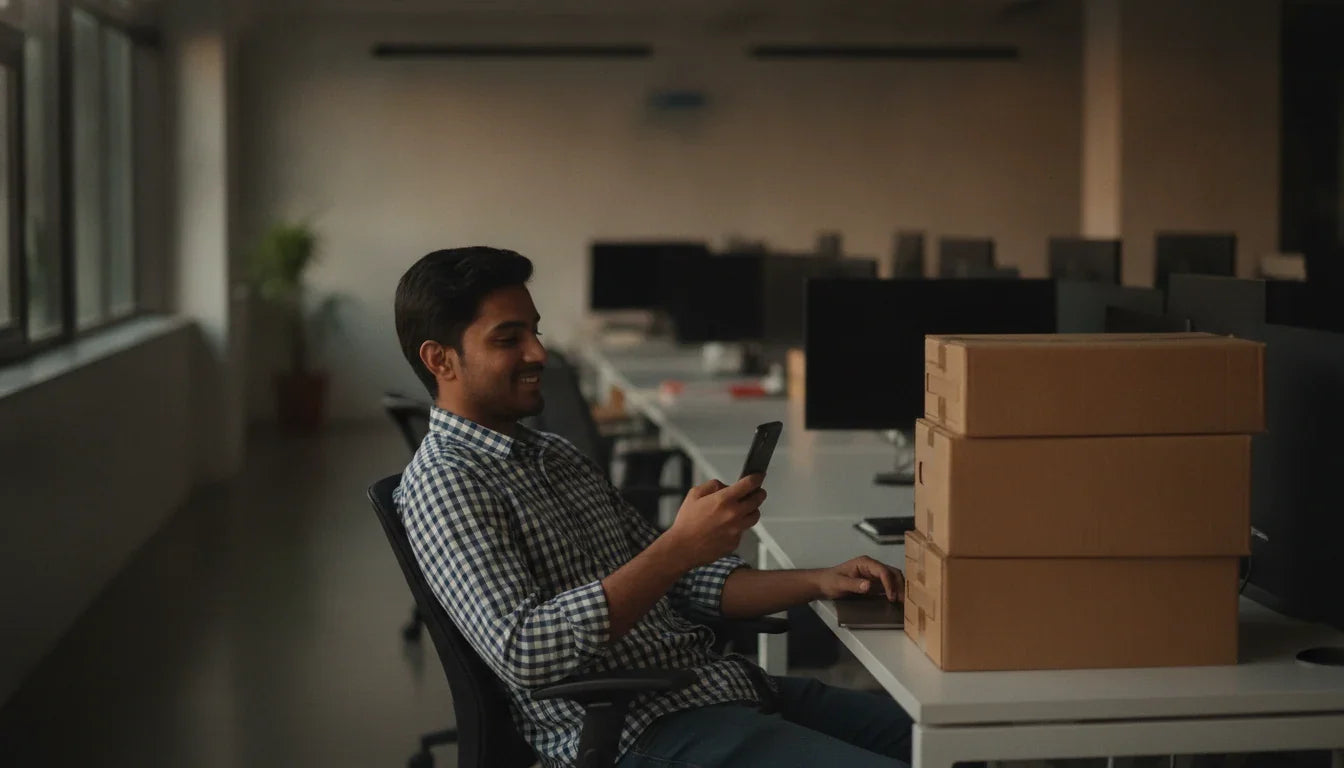 A young man scrolls his phone beside untouched boxes of files: the habit Charaka's rule on work is about