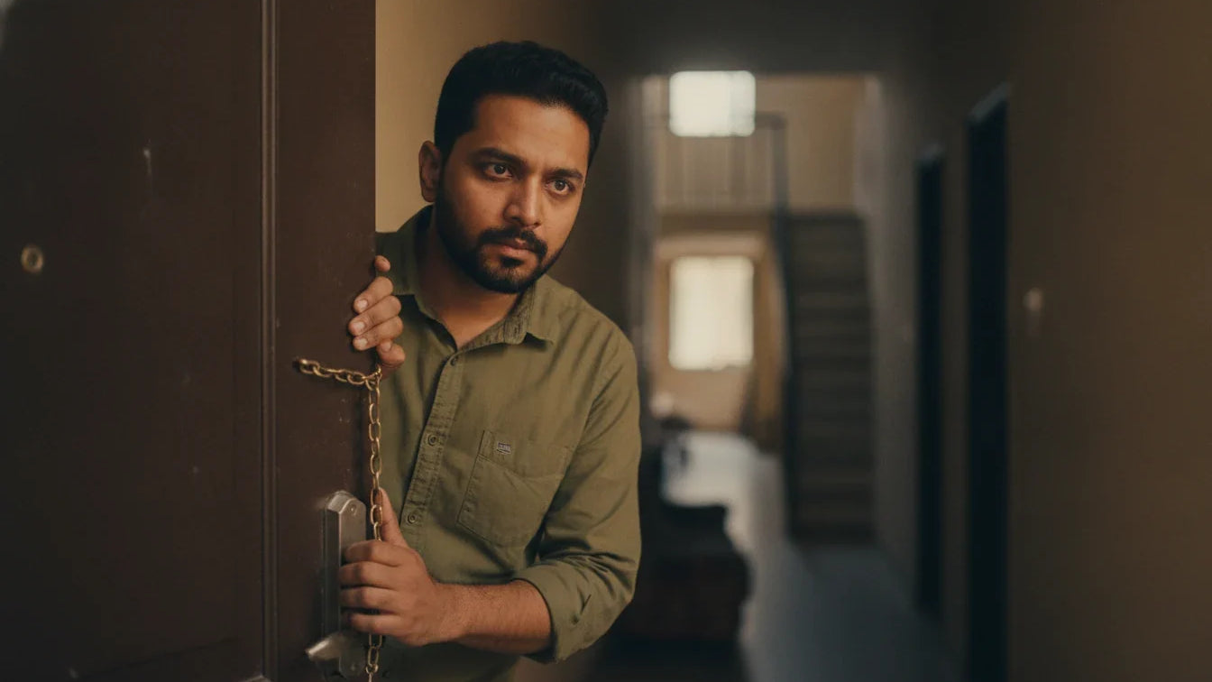 A man looks out from behind his chained front door: the habit Charaka's rule on trust is about