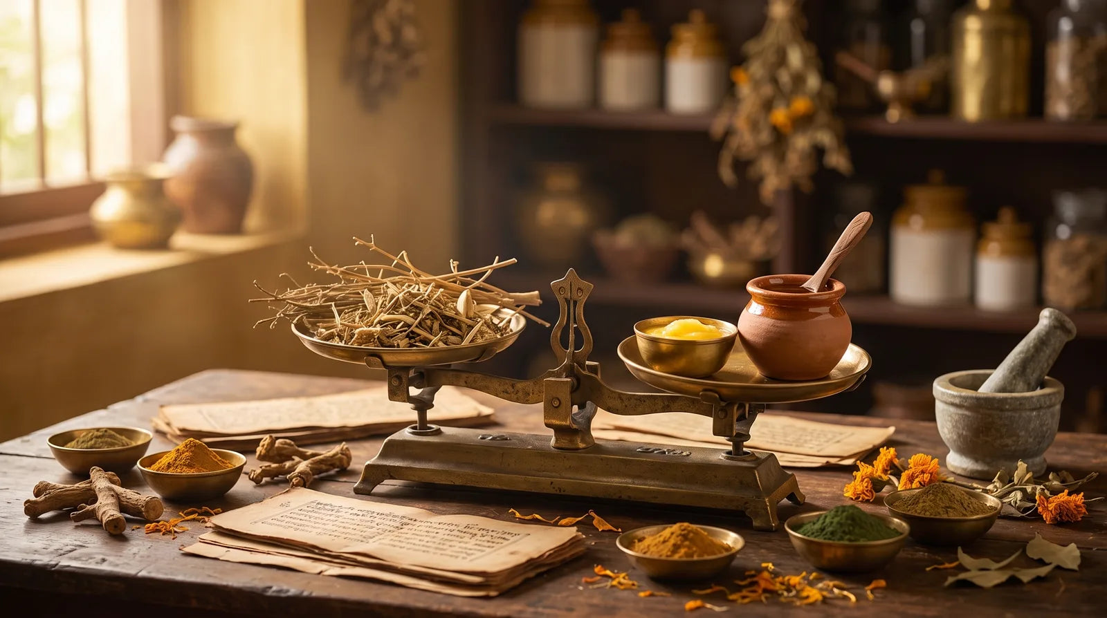 Ancient Ayurveda apothecary: brass scale balancing light herbs against nourishing ghee and honey