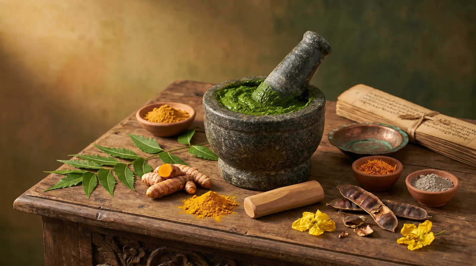 Stone mortar with green herbal paste, neem, turmeric and amaltas pods on wood, classical Ayurvedic skin-care apothecary