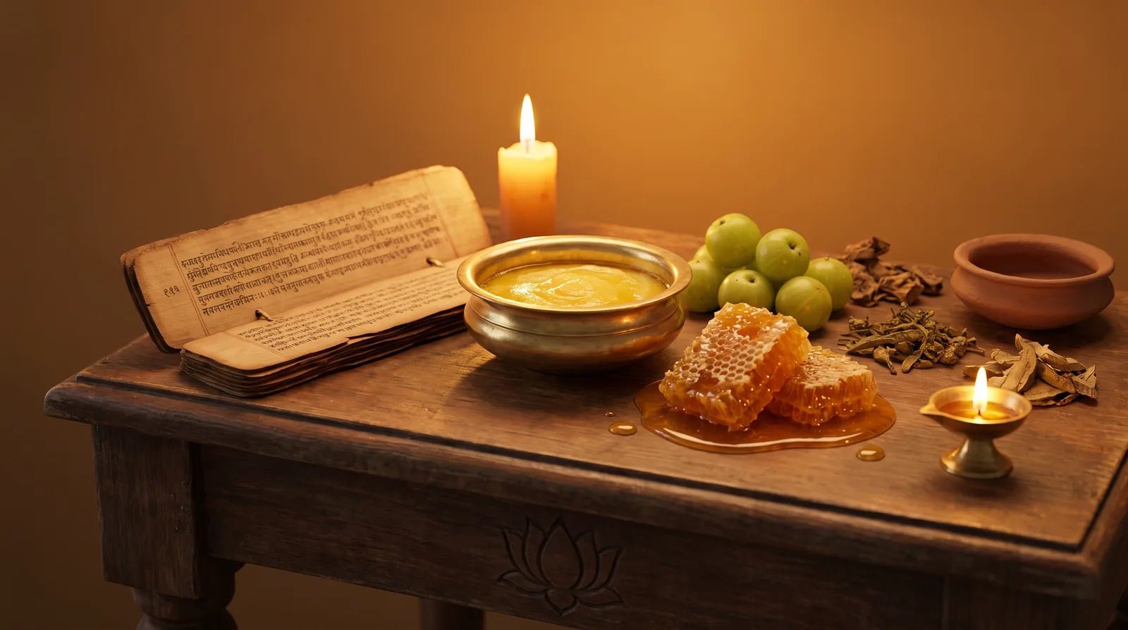 Ayurvedic still life: palm-leaf manuscript, golden ghee and honeycomb symbolising ojas, Charaka Samhita Chapter 17