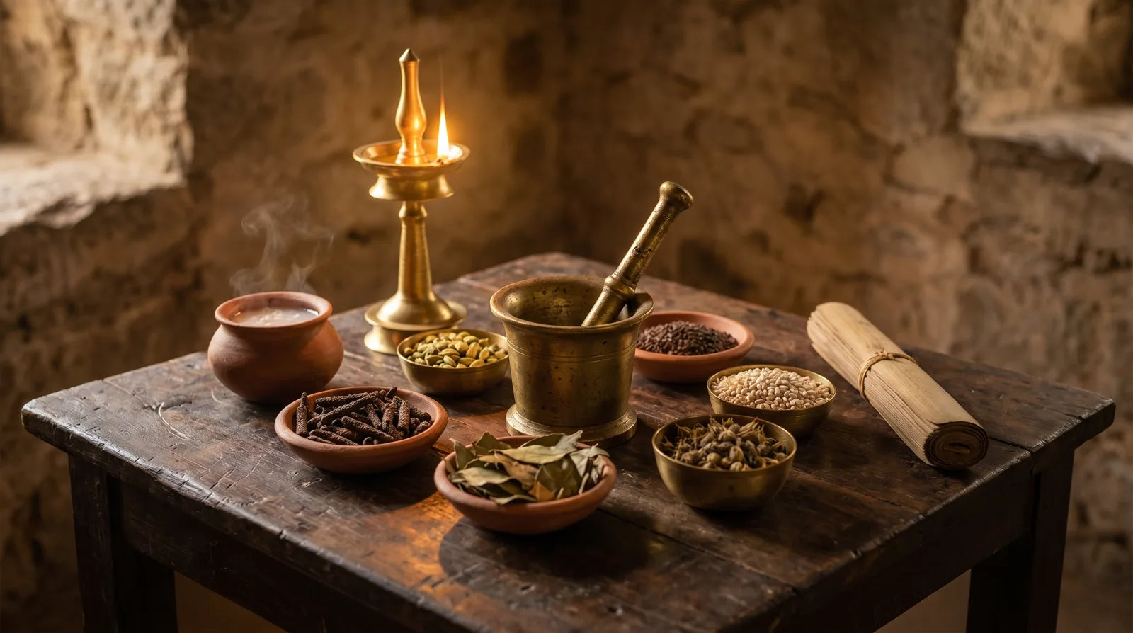 Charaka Samhita Sutrasthana Chapter 2 Apamarga Tanduliya: Ayurvedic seeds, herbs and a clay gruel pot in lamplight
