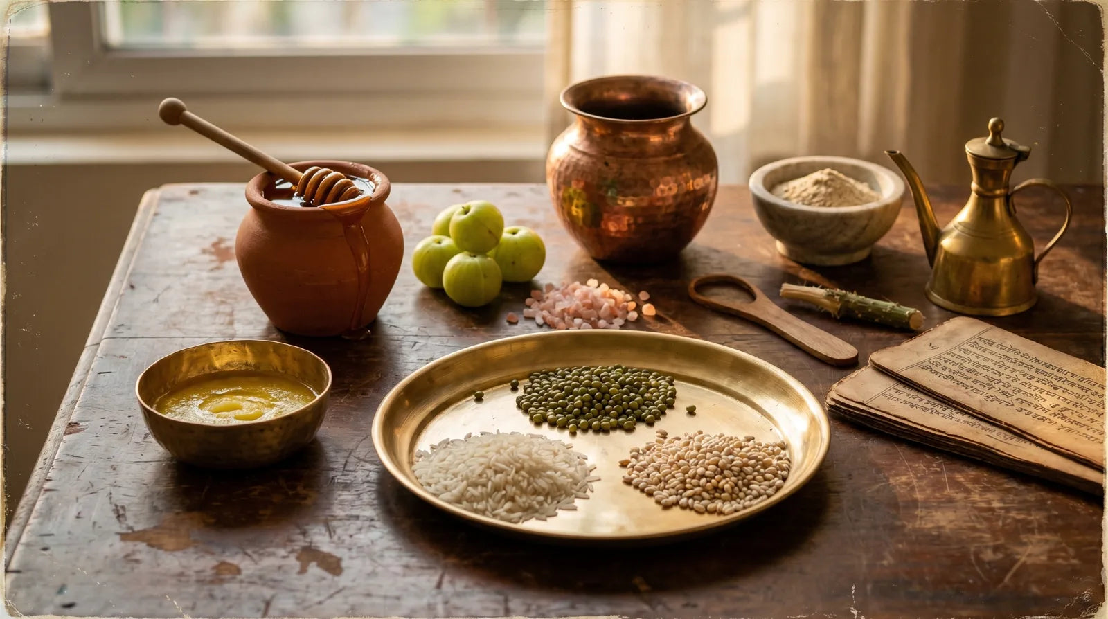 Charaka Samhita Chapter 5: a measured Ayurvedic meal of rice, mung, barley, ghee and honey with daily self-care items