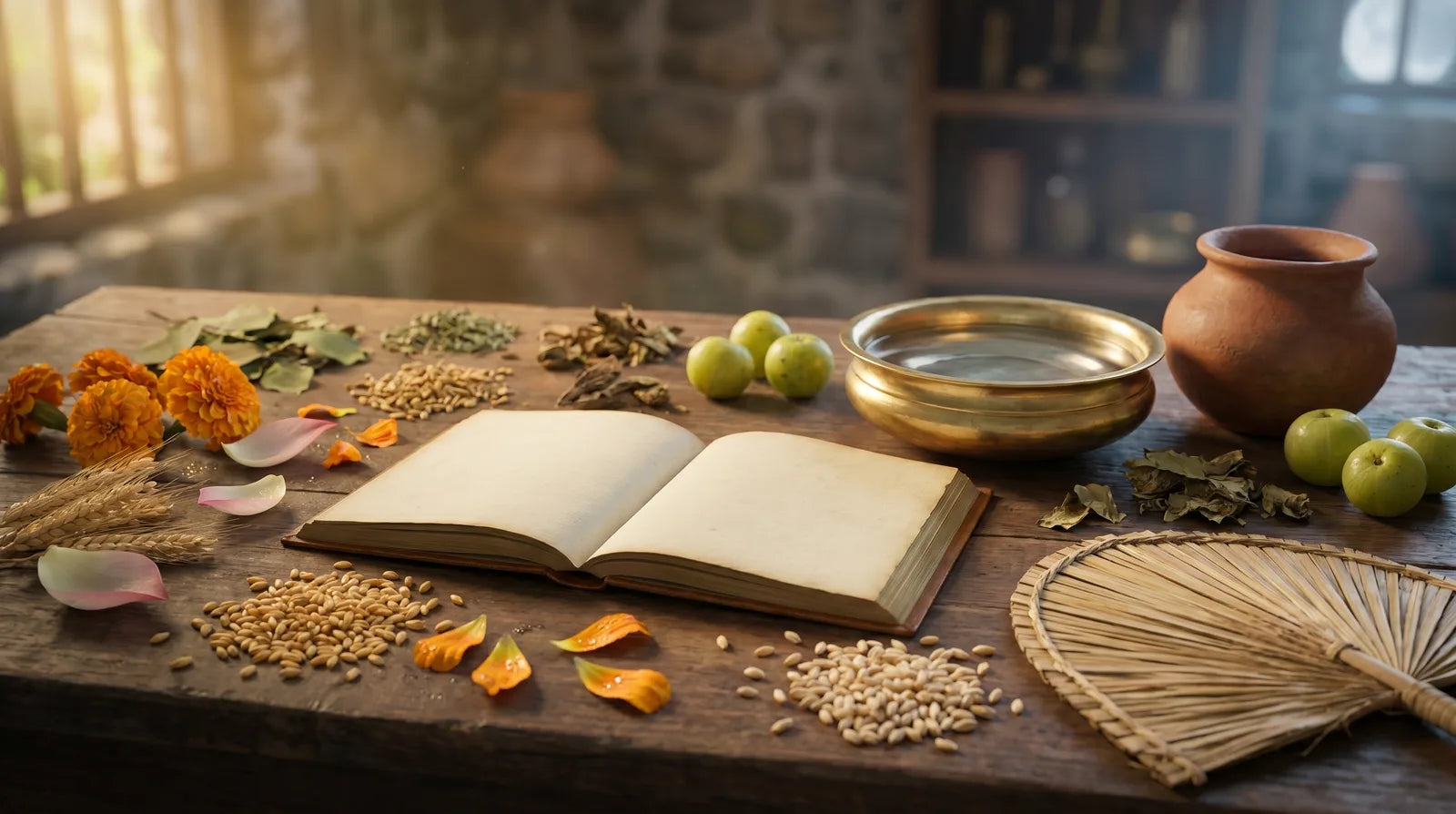 Antique Ayurvedic manuscript, brass water bowl, barley and amla on wood: Charaka Samhita Chapter 6 ritucharya, six seasons